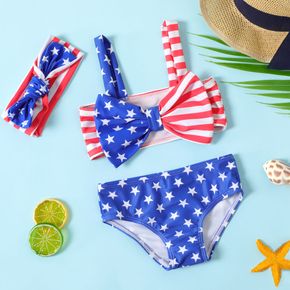 Independence Day 3pcs Baby Girl Stars Stripes Print Spaghetti Strap Bowknot Bikini Set Swimwear