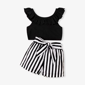 2pcs Baby Girl 95% Cotton Ruffle Sleeveless Crop Top and Striped Shorts Set