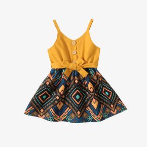 Toddler Girl Geo Print Button Design Splice Belted Cami Dress