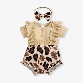2pcs Baby Girl 95% Cotton Ribbed Ruffle Short-sleeve Splicing Leopard Romper with Headband Set