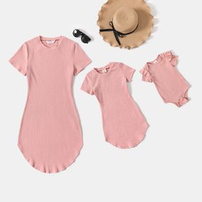 100% Cotton Pink Ribbed Short-sleeve Bodycon Dress for Mom and Me