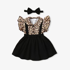 2pcs Baby Girl Leopard Ruffle-sleeve Faux-two Suspender Dress with Headband Set