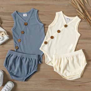 Baby Boy Button Front Solid Waffle Sleeveless Tank Romper with Shorts Set