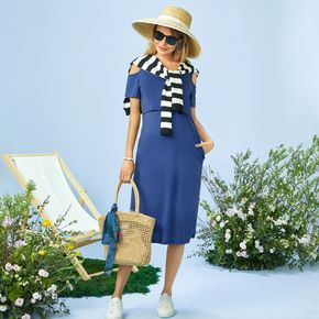 Nursing Cold Shoulder Blue Dress with Pocket