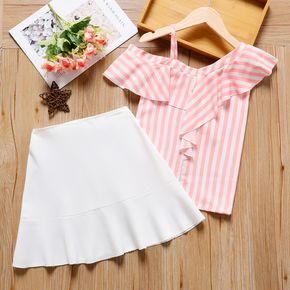 2pcs Kid Girl Ruffled Stripe One Shoulder Strap Tee and White Skirt Set