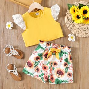 2pcs Kid Girl Lace Design Flutter-sleeve Yellow Tee and Floral Print Shorts Set