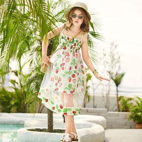 Kid Girl Fruit Strawberry/Lemon Print Smocked Mesh Design Cami Dress