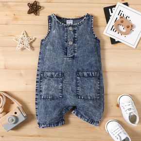 100% Cotton Baby Boy/Girl Button Up Sleeveless Denim Overalls with Pockets
