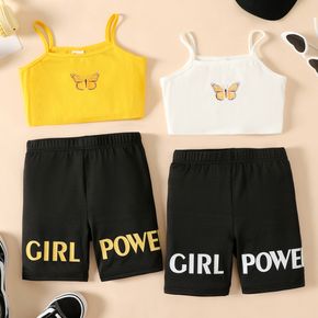2pcs Kid Girl Butterfly Print Ribbed Camisole and Letter Print Shorts Set