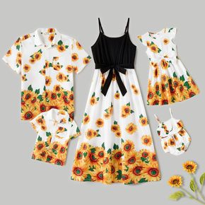 Family Matching All Over Sunflower Floral Print Spaghetti Strap Splicing Dresses and Short-sleeve Shirts Sets