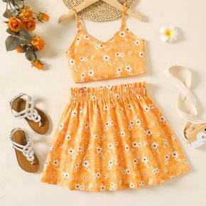 2pcs Kid Girl Floral Print Yellow Camisole and Paperbag Skirt Set
