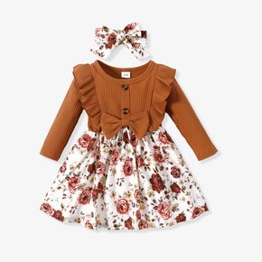 2pcs Baby 95% Cotton Ribbed Long-sleeve Ruffle Bowknot Splicing Floral Print Dress with Headband Set