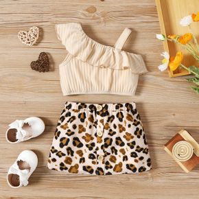 2pcs Baby Girl Solid Ribbed One Shoulder Ruffle Sleeveless Tank Top and Leopard Skirt Set