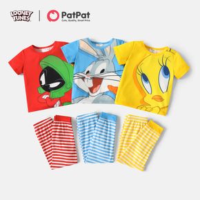 Looney Tunes 2-teiliges Kurzarm-T-Shirt mit Farbblock für Kleinkinder und gestreifte Hosen für Mädchen/Jungen