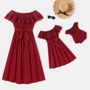 Lace Ruffle Collar Off Shoulder Sleeveless Tie Waist Solid Midi Dress for Mom and Me