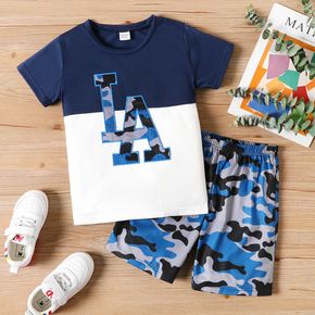 2pcs Kid Boy Camouflage Letter Print Colorblock Short-sleeve Tee and Shorts Set