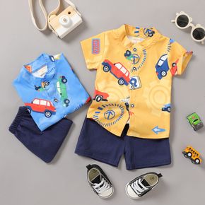 100% Cotton 2pcs Vehicle Allover Stand Collar Shorts Yellow or Blue Shirt Top and Solid Dark Blue Shorts Baby Set