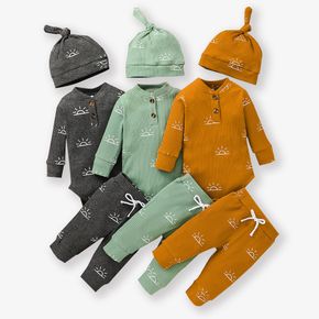 3-piece Baby Boy 95% Cotton Ribbed Long-sleeve Sun Print Button Design Romper and Elasticized Pants with Cap Set