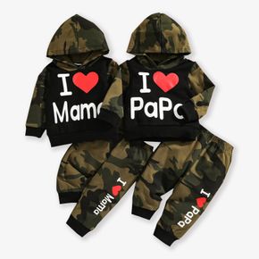 2pcs Baby Letter Print Camouflage Cotton Long-sleeve Hoodie and Trousers Set