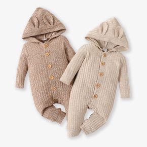 Baby Boy/Girl Heathered Ribbed Long-sleeve 3D Ears Hooded Button Down Jumpsuit
