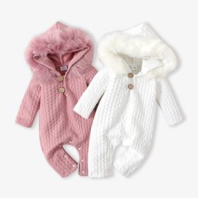 Baby Boy/Girl Solid Cable Knit Textured Faux Fur Hooded Long-sleeve Jumpsuit