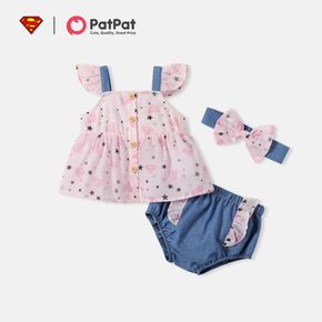 Superman 3pcs Baby Girl All Over Print Flutter-sleeve Button Up Top and Ruffle Shorts with Headband Set