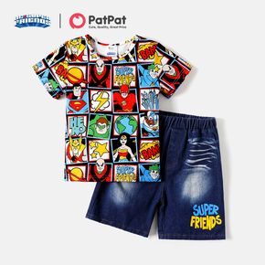 DC Super Friends 2pcs Kid Boy Allover Print Short-sleeve Tee and Denim Shorts Set
