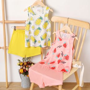 2pcs Kid Girl Fruit Print Tank Top and Shorts Sleepwear Pajamas Set