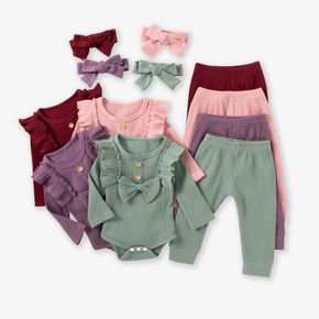 3pcs Baby Girl 95% Cotton Ribbed Long-sleeve Ruffle Bowknot Romper and Pants with Headband Set