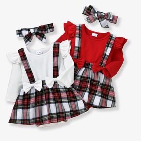 100% Cotton 2pcs Baby Girl Solid Long-sleeve Bowknot Splicing Plaid Faux-two Romper Dress Set