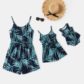 All Over Tropical Plant Print Spaghetti Strap Romper Shorts for Mom and Me