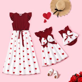 Mother's Day Solid Ribbed Flutter-sleeve Splicing Red Love Heart Print Mesh Dress for Mom and Me