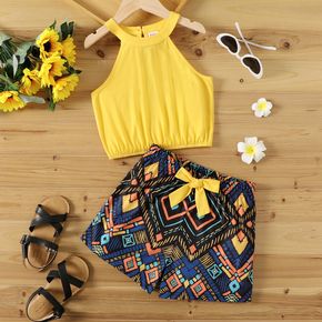 2pcs Kid Girl Yellow Halter Camisole and Bowknot Design Exotic Shorts Set