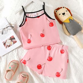 طقم بيجامات ملابس نوم من قطعتين للفتيات الصغيرات بطبعة الكرز الوردي وبروتيل وشورت