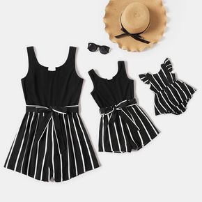 Black Ribbed Splicing Striped Belted Sleeveless Romper for Mom and Me