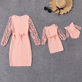 Pink 3D Floral Applique Mesh Long-sleeve Belted Slim-fit Dress for Mom and Me