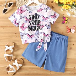 2pcs Kid Girl Letter Butterfly Print Tie Knot Short-sleeve Tee and Denim Shorts Set