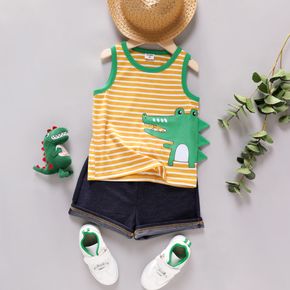 2pcs Toddler Boy Dinosaur Print Stripe Tank Top and Denim Color Shorts Set