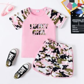 2pcs Kid Girl Letter Camouflage Print Short Raglan Sleeve Tee and Shorts Set