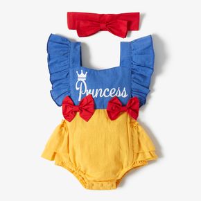 100% Cotton 2pcs Letter Print Color Block Sleeveless Layered Ruffle Baby Princess Romper Set