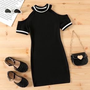 Kid Girl Striped Cold Shoulder Ribbed Short-sleeve Black Dress