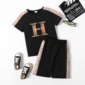 2-piece Kid Boy Plaid Letter Print Colorblock Short-sleeve Tee and Shorts Set