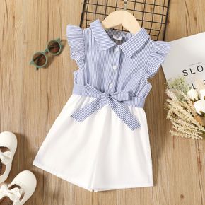 Toddler Girl Stripe Print Button and Bowknot Design Ruffled Rompers