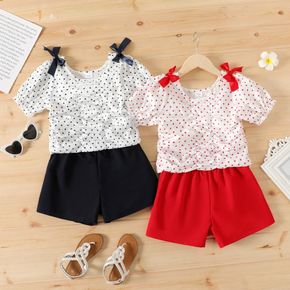 2-teiliges Set aus geraffter Bluse mit Puffärmeln und elastischen Shorts für Kinder und Mädchen mit Polka Dots Bowknot-Design