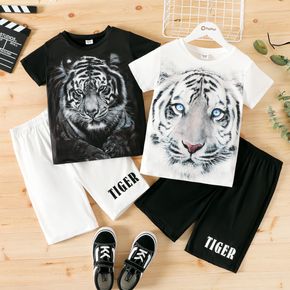 2-piece Kid Boy Animal Tiger Print Short-sleeve Tee and Letter Print Shorts Set