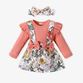2pcs Baby Floral Print Ribbed Ruffle Long-sleeve Faux-two Romper Dress Set