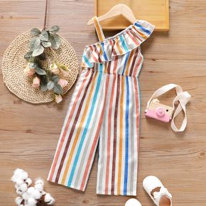 Toddler Girl One Shoulder Colorful Stripe Flounce Sleeveless Strap Jumpsuits
