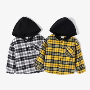Toddler Boy Button Design Hooded Long-sleeve Plaid Shirt