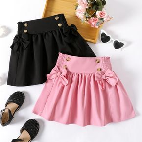 Kid Girl Solid Color Bowknot Button Design Smocked Skirt