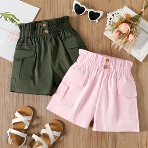 Kid Girl Solid Color Button Pocket Design Paperbag Shorts